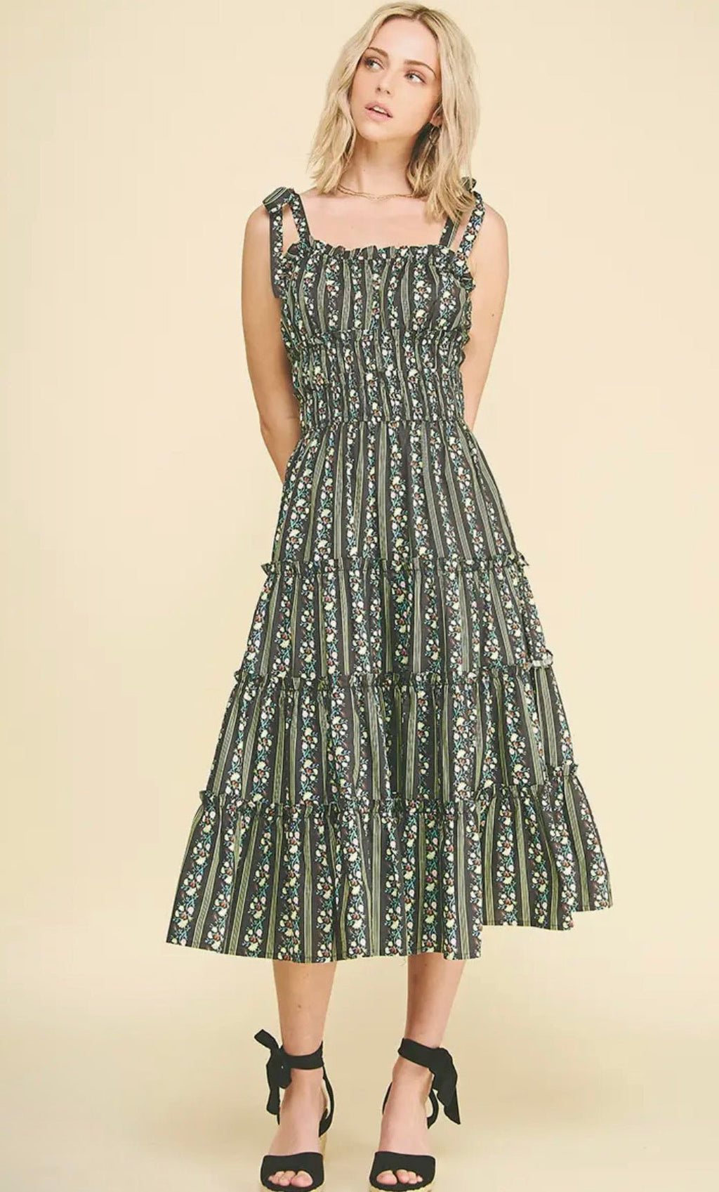 tiered midi dress floral Brunch Date Mixed Media Floral Tiered Midi Dress - Pink Multi