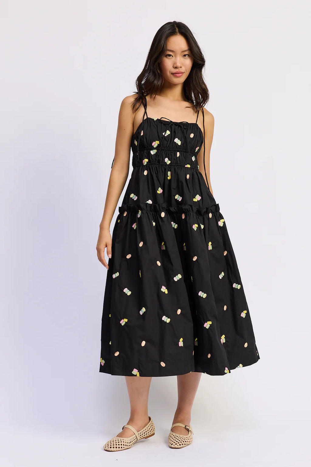 juniper midi dress Novelty Icon Tiered Black Multi / SM its the kind of Floral Satin Long Dress Material:Downloadable A4 file YACHT DRESS