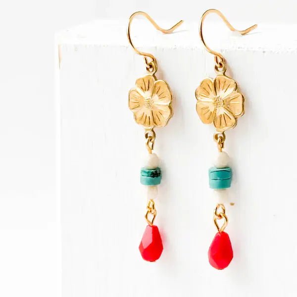 Long Flower Earrings w/ Stones/Beads - Flea Boutiques