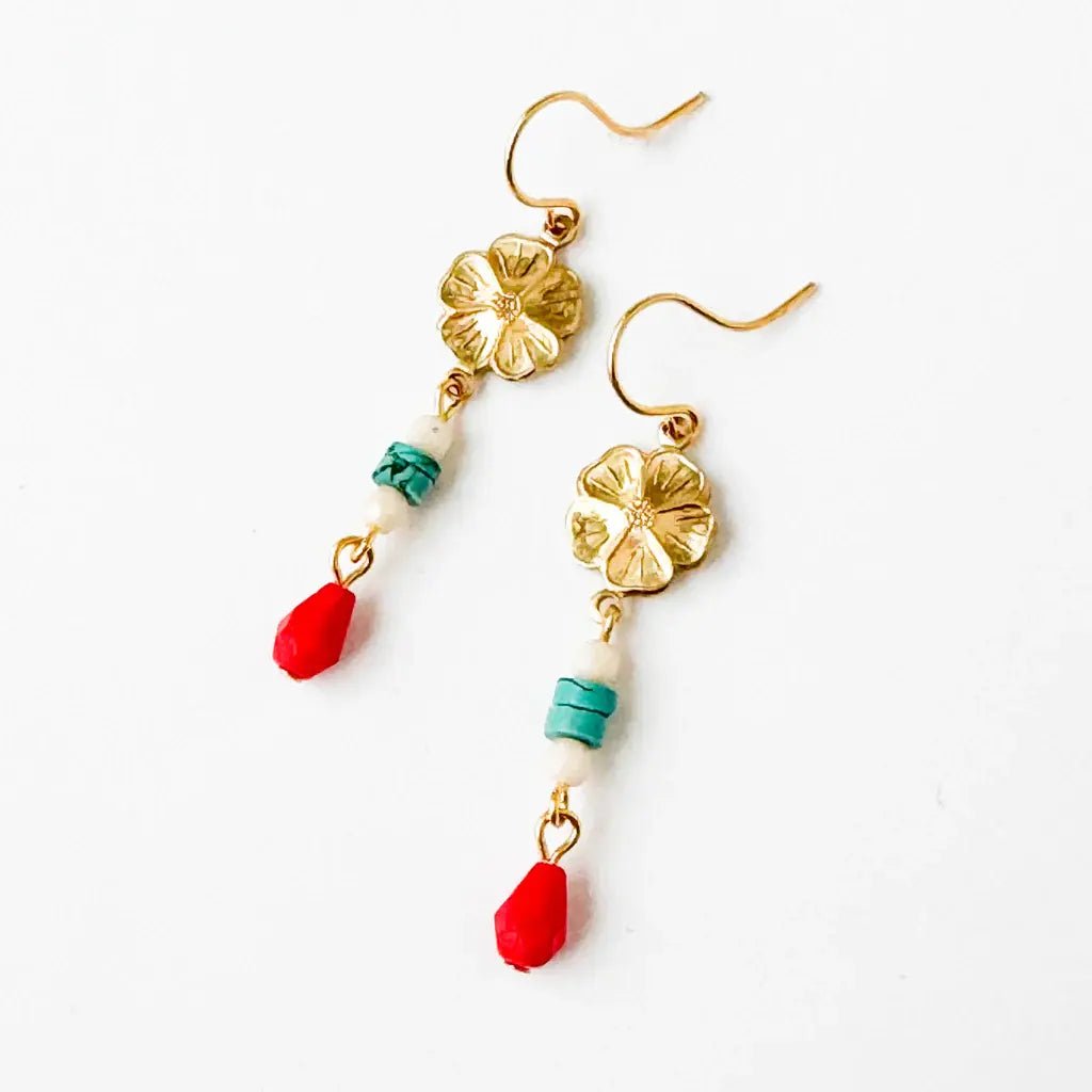 Long Flower Earrings w/ Stones/Beads - Flea Boutiques