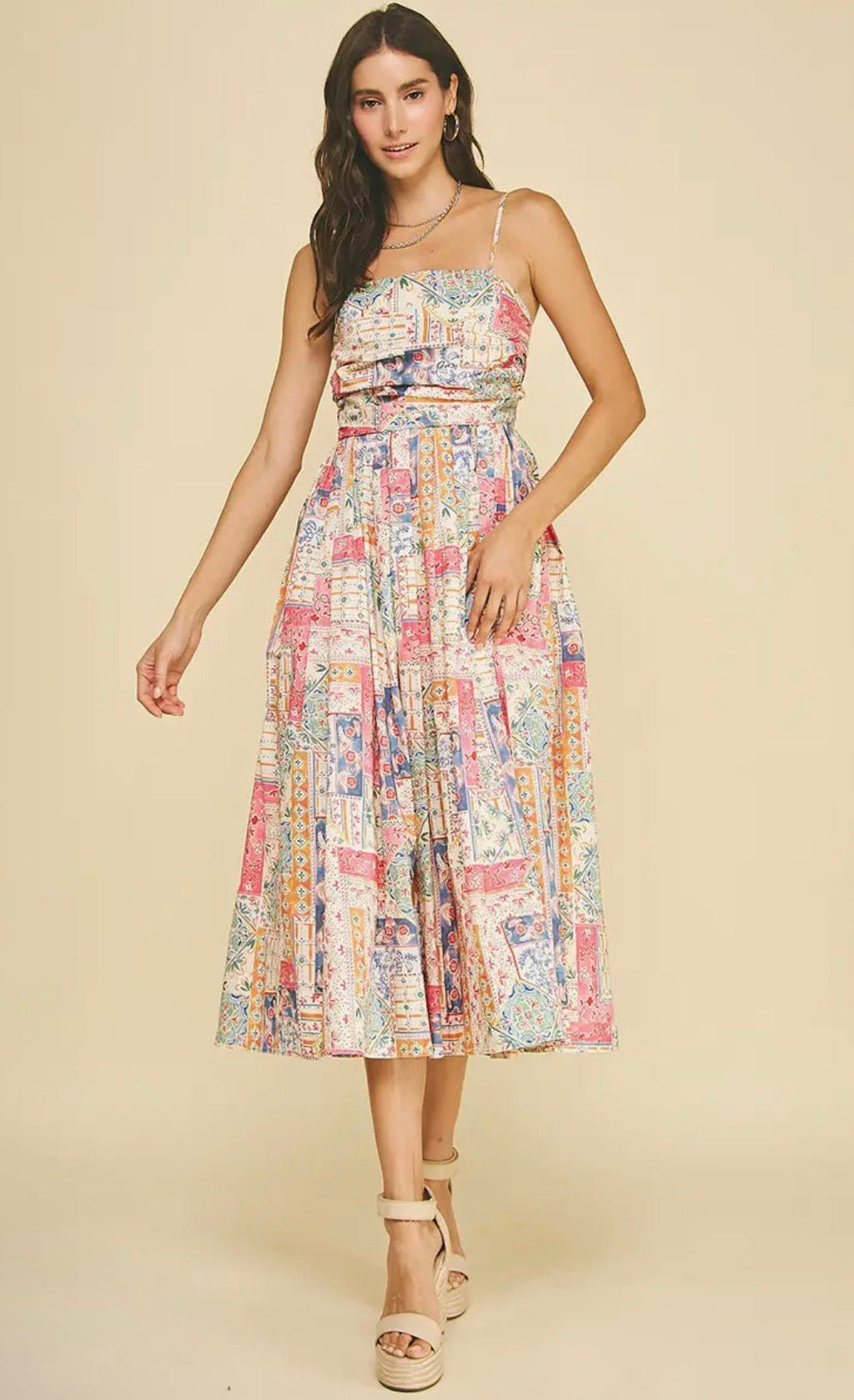 patchwork midi dress Print Cream Multi / SM Color:Light Blue Petal or a weekend farmers pattern:Solid Dark Red V Neck