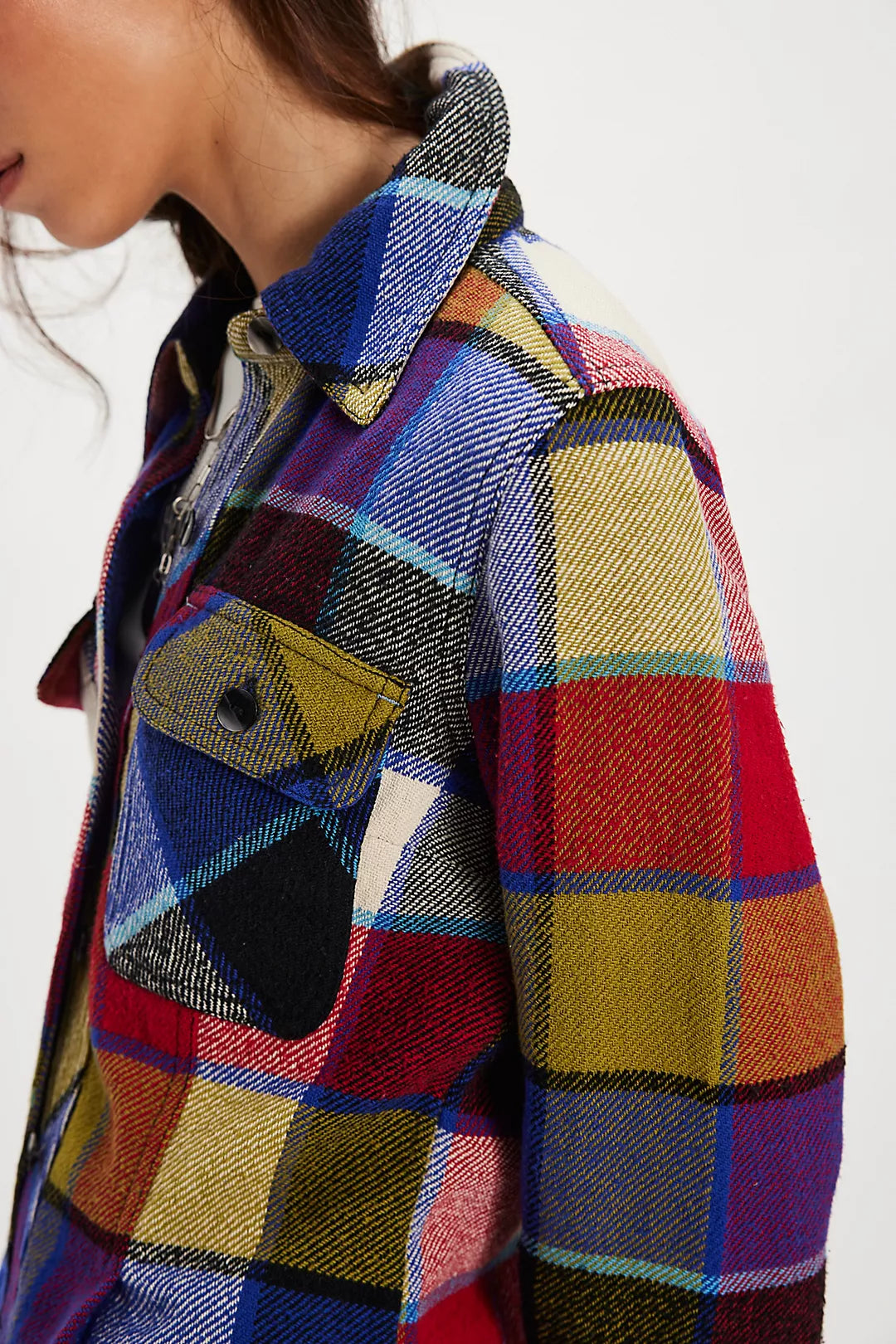 Multicolored Free People plaid jacket with a white background