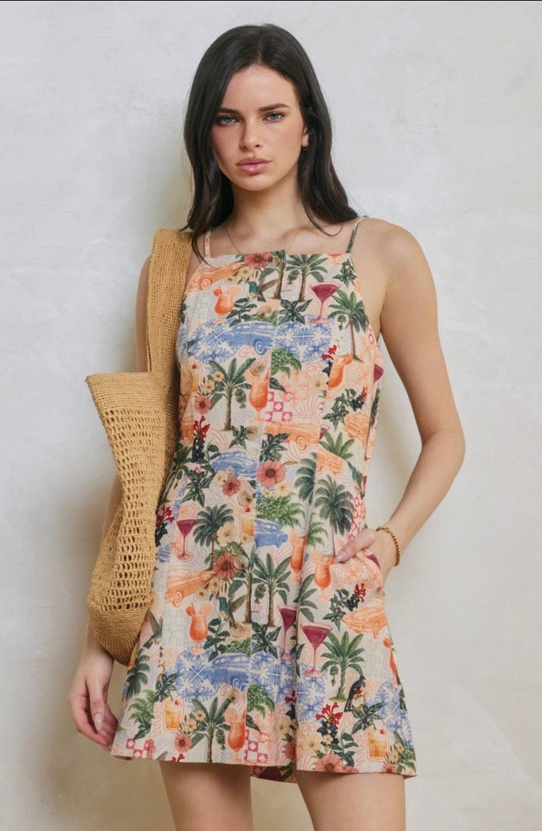 Conversational Linen Placket Dress