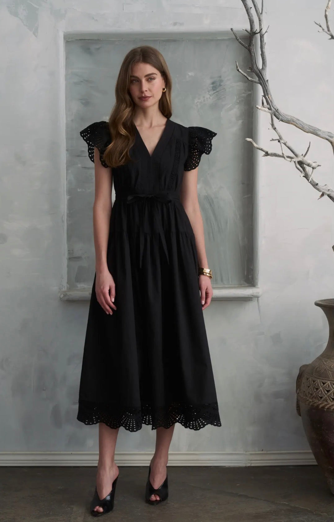 Embroidery Lace Flutter Slv Midi Dress