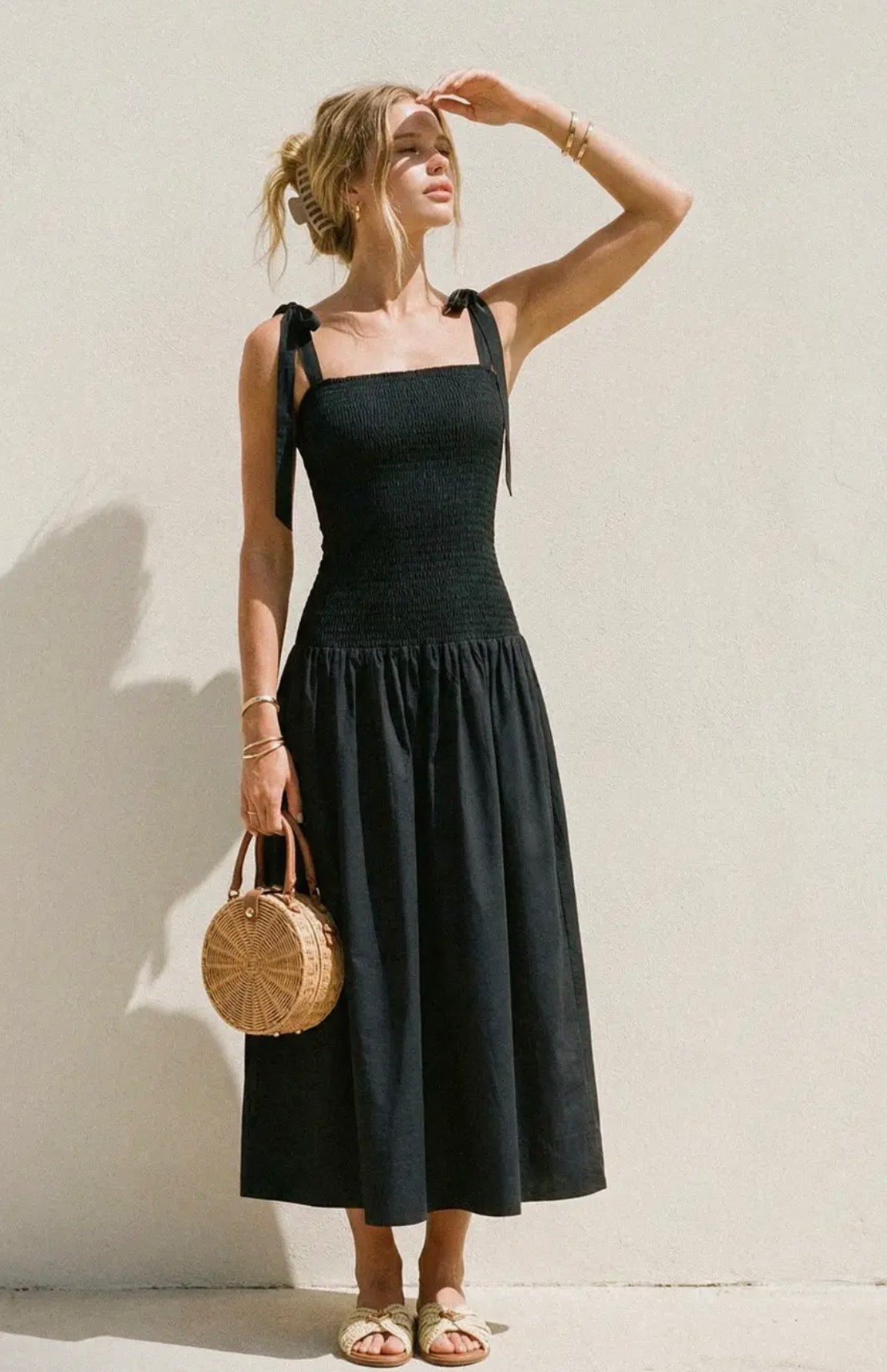 Tie Shoulder Smocked Dress
