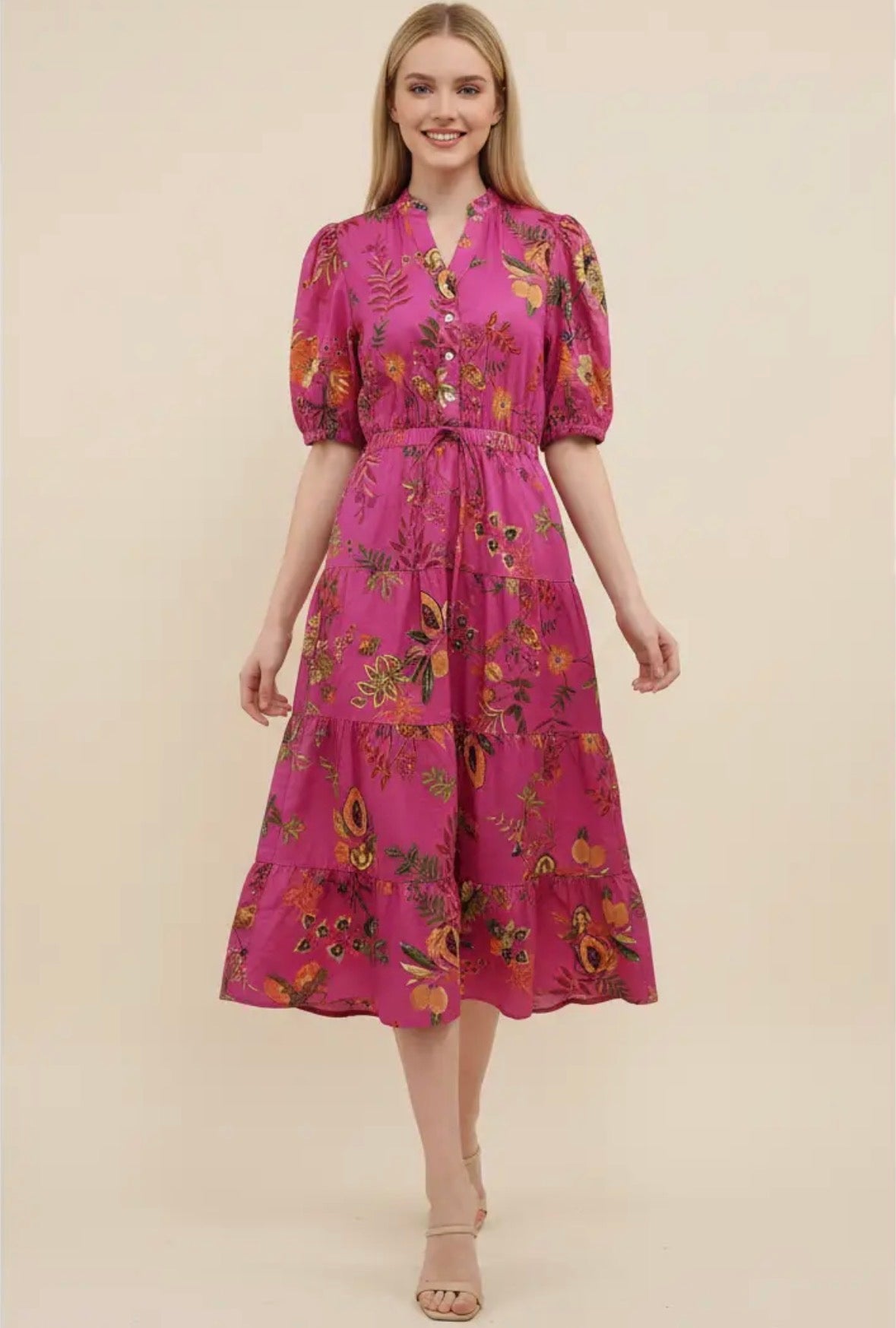 Tropical Fruit Print Midi Dress
