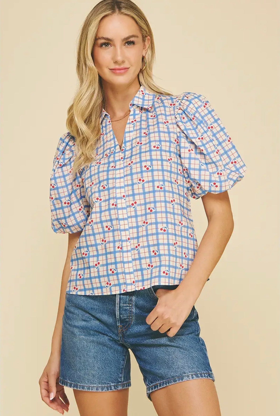 Checker with Cherry Print Blouse
