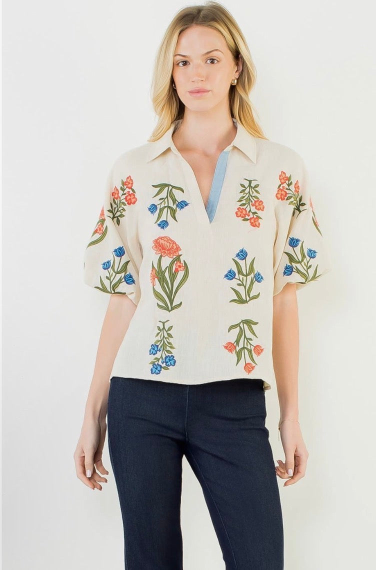 Collared V Neck Floral Top