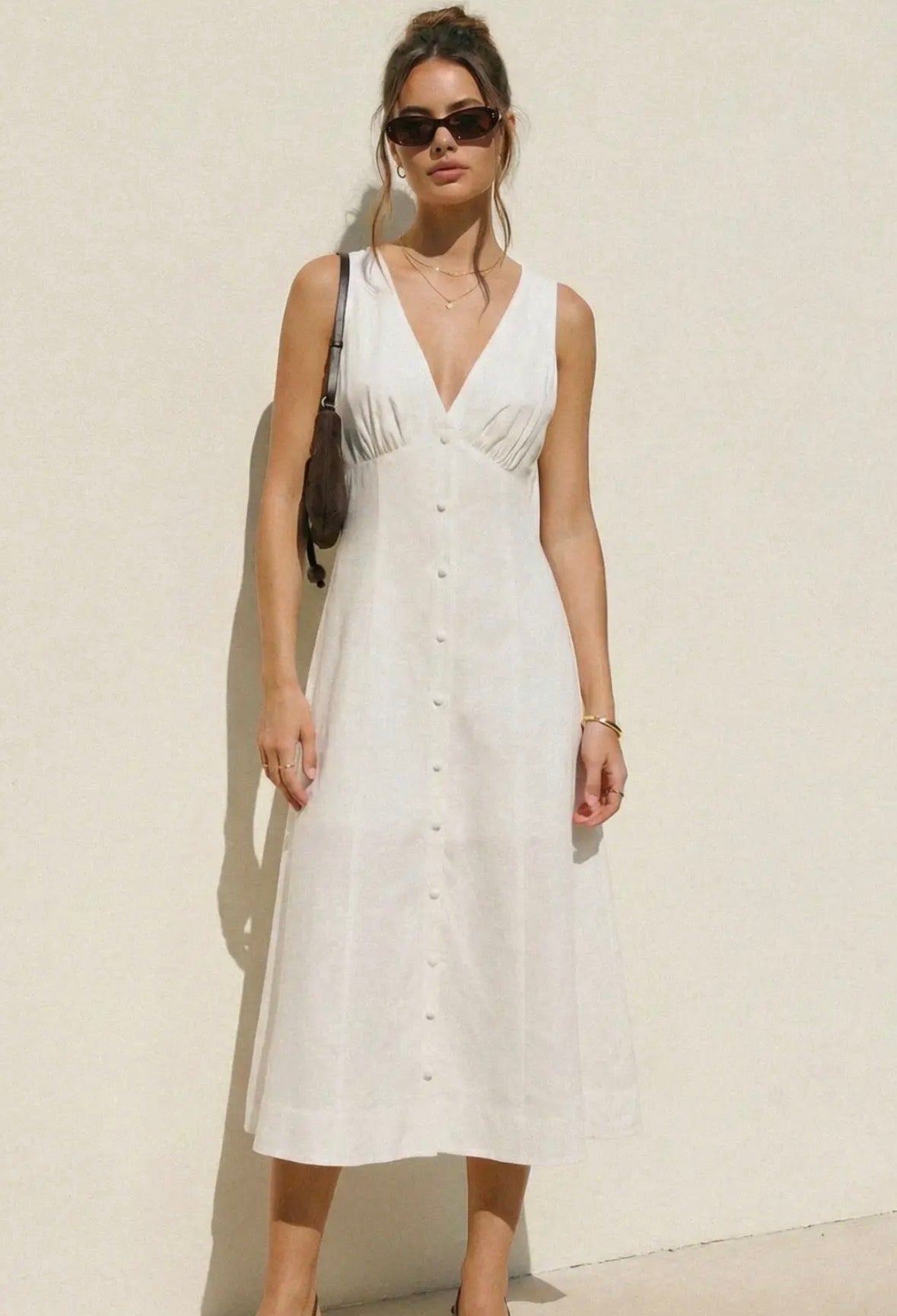 Linen V Neck Button Down Dress