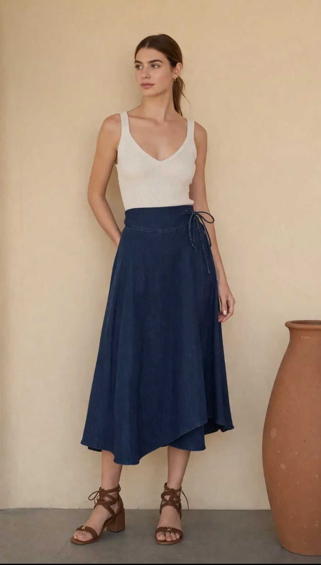Denim AsymmetricalMidi Wrap Skirt