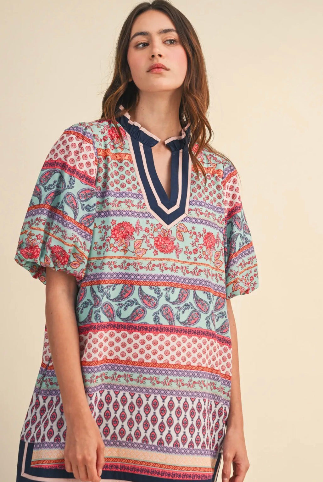 Print Bubble sleeve Mini Dress