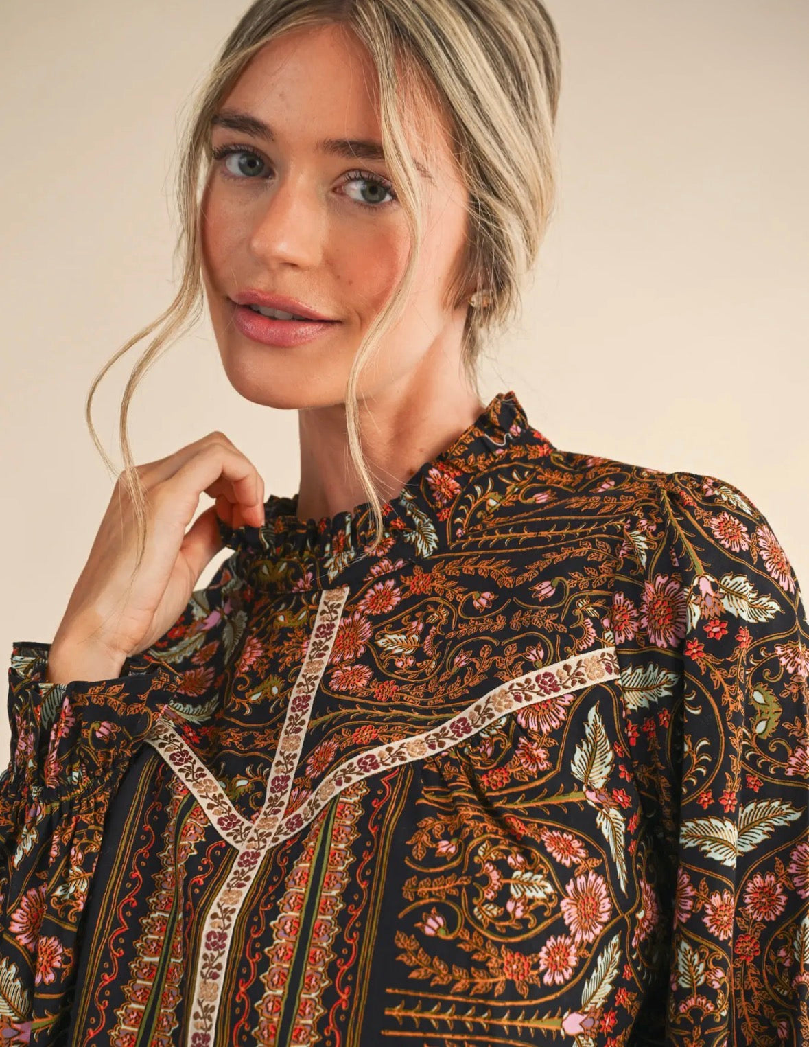 Floral Print Top with Floral Trim