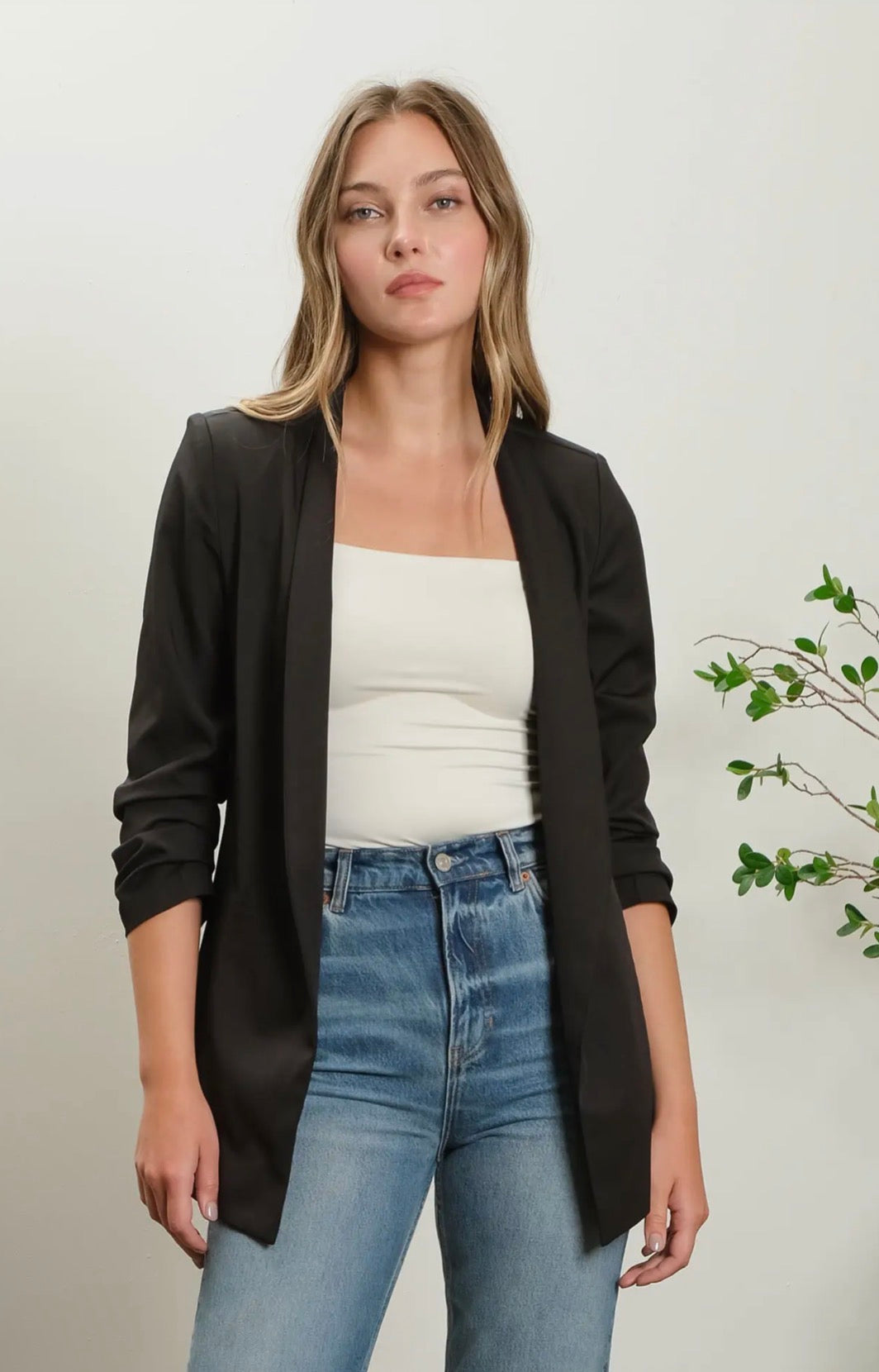 Collarless 3/4 Sleeve Blazer