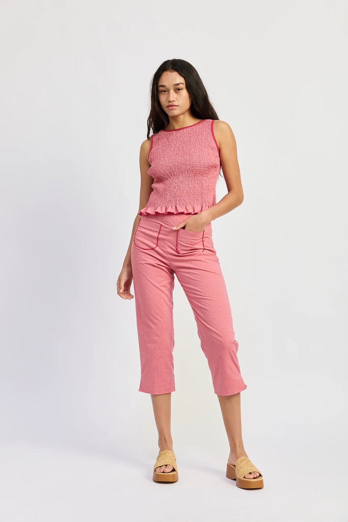Smocking Sleeveless Tied Closure Top