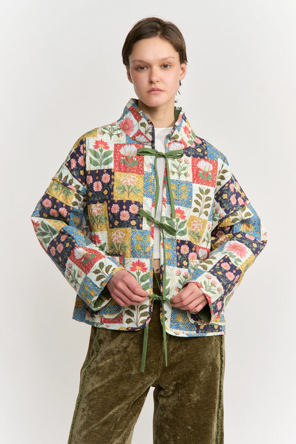 Patchwork Print Quiled Bow Tie Jacket