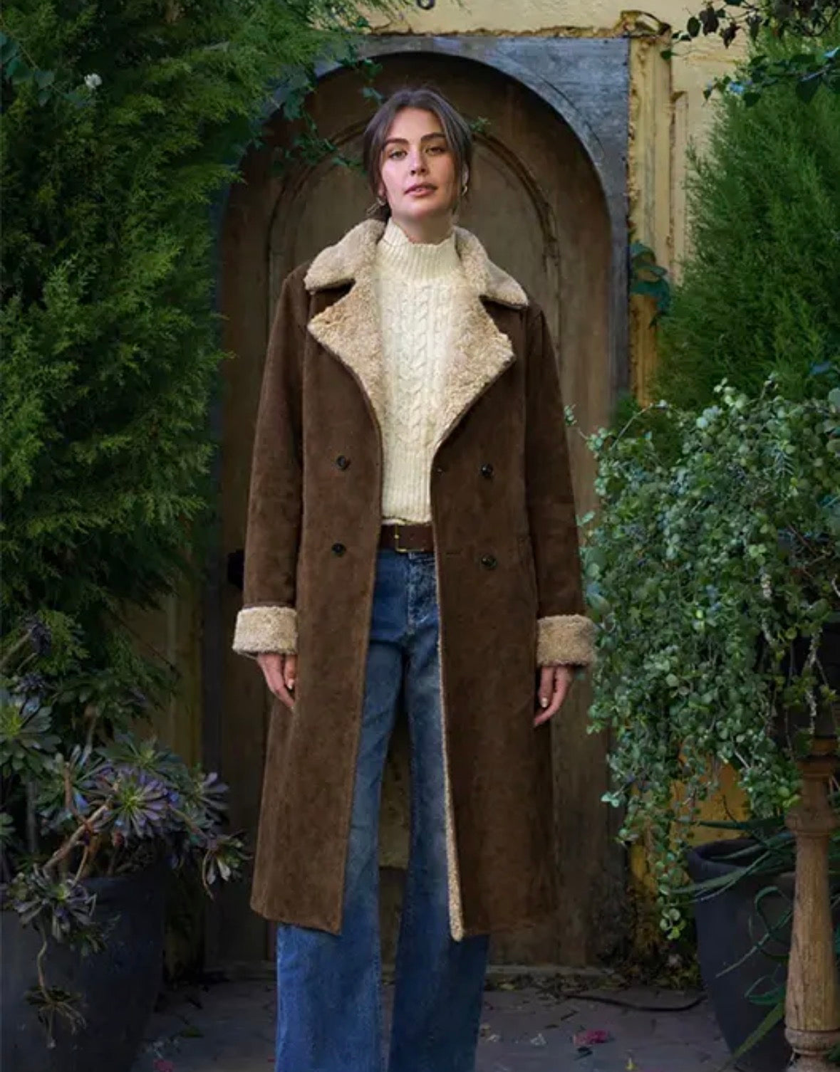 Double Breasted Faux Fur Suede Coat