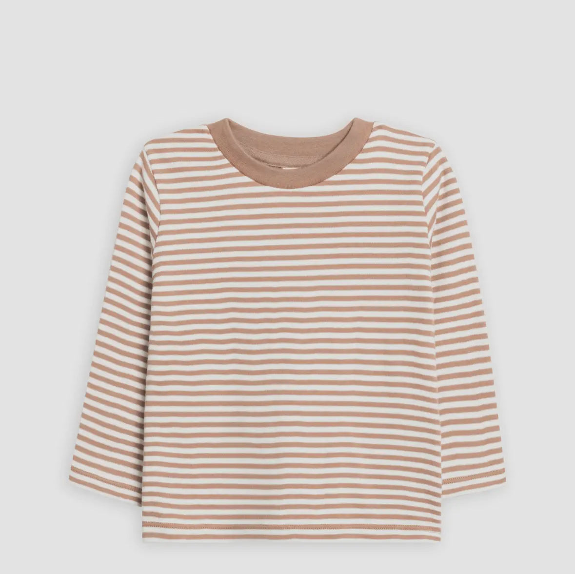 Children's Striped long-sleeve shirt with brown and beige stripes on a light gray background