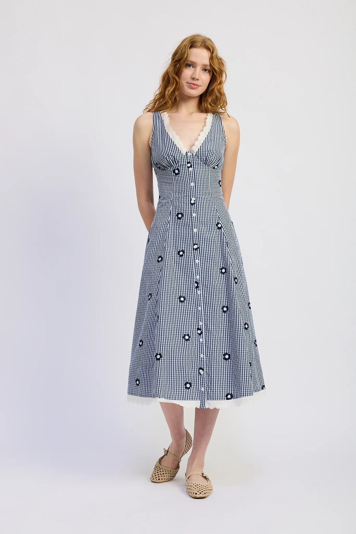 Sleeveless V-Neck Eyelet Mid Dress