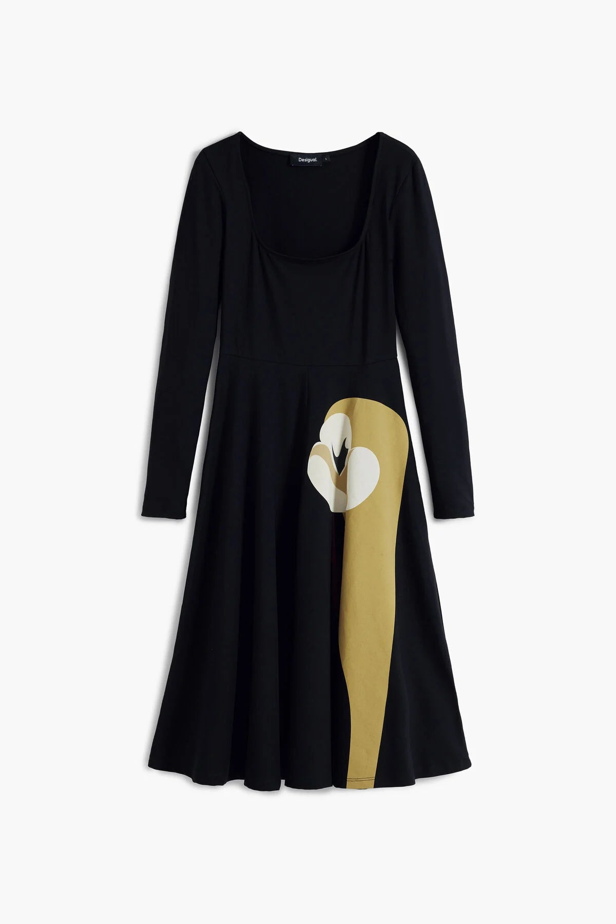 Black dress with a white and beige abstract design on a white background