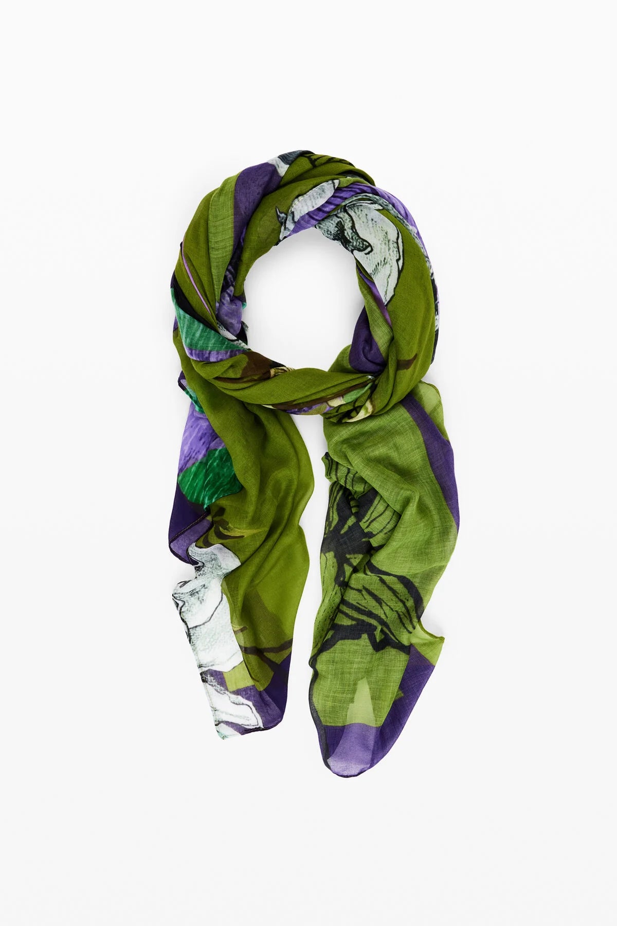 Green and purple patterned scarf on a white background