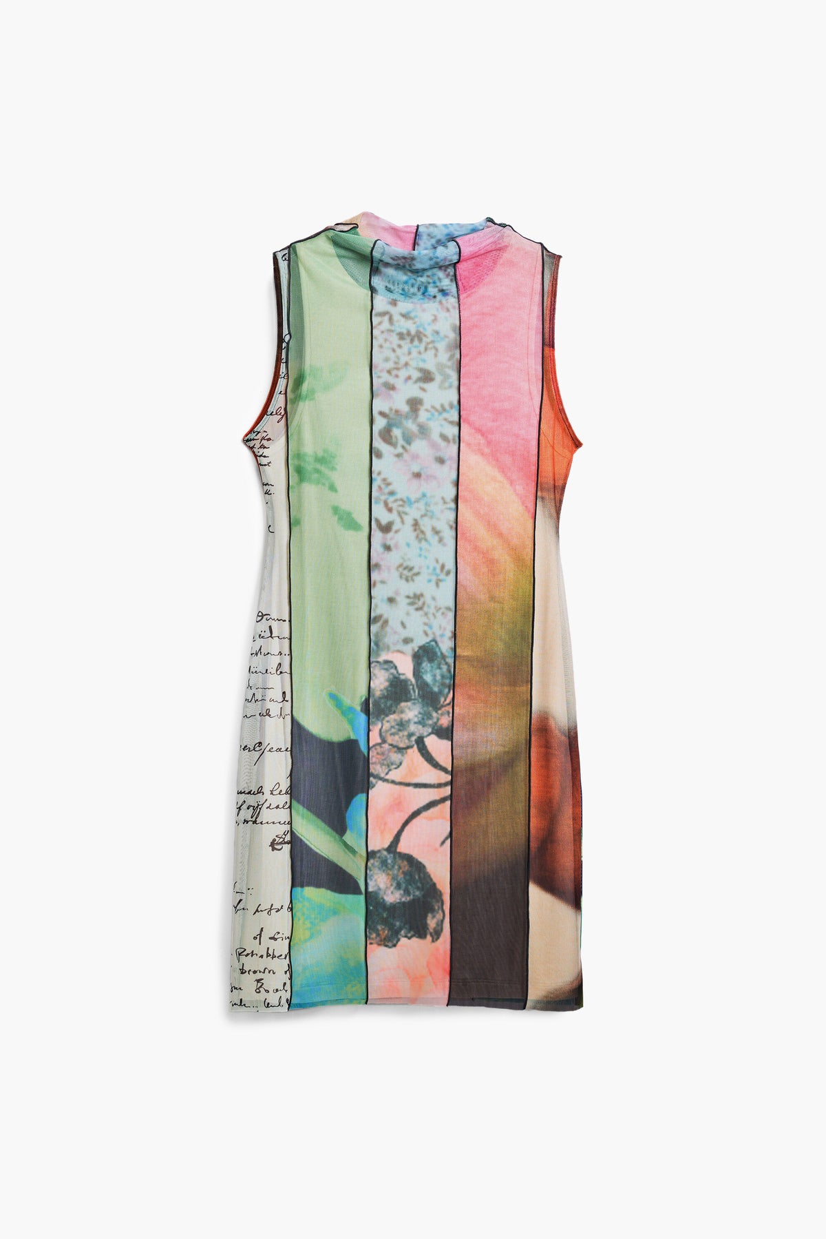 Multicolored sleeveless dress with abstract pattern on a white background