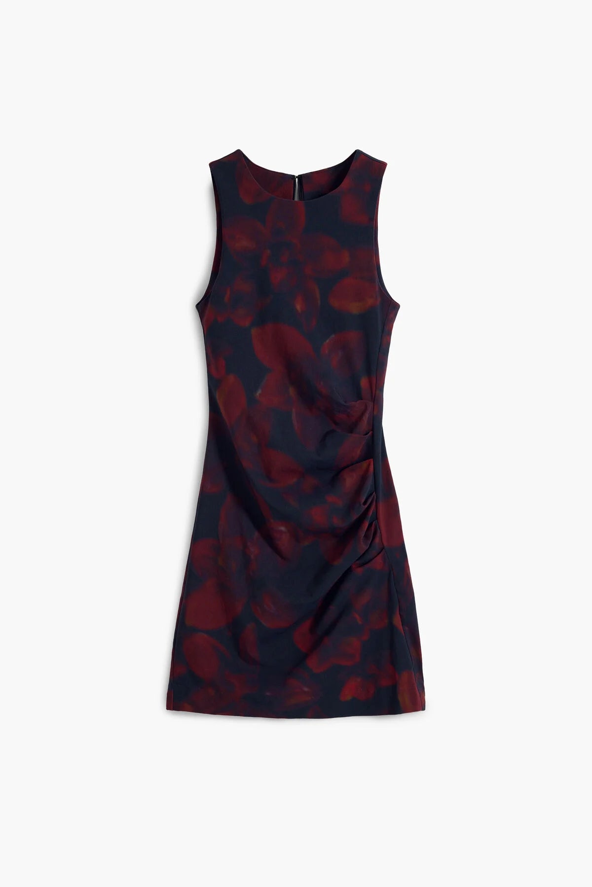 Red and black patterned dress on a white background