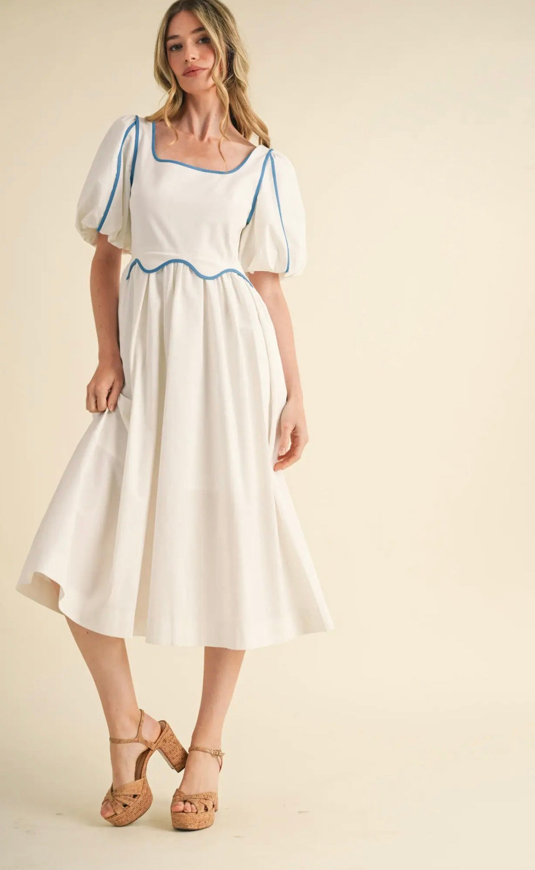 Contrast Binding Scallop Midi Dress