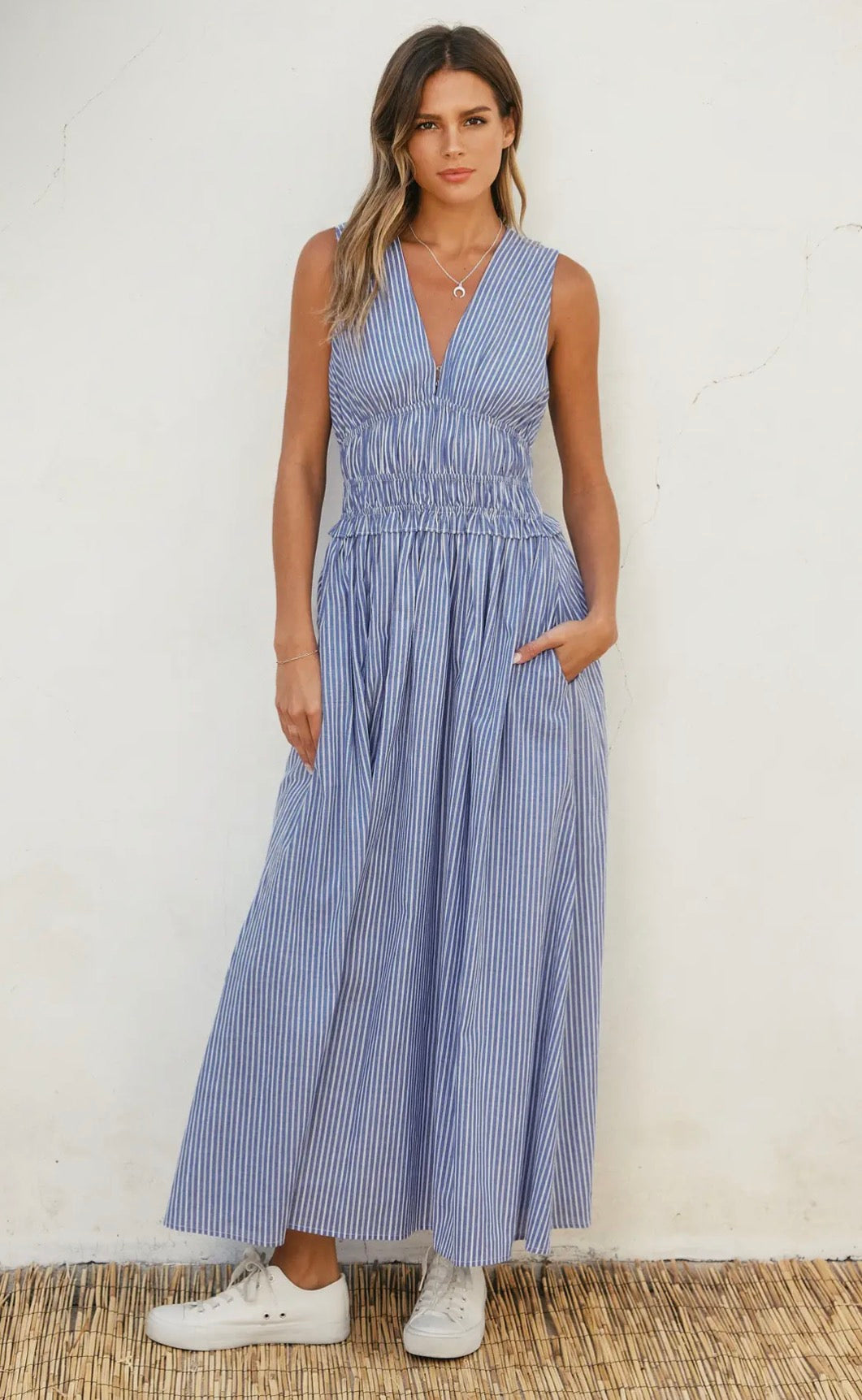 Striped Ruched Wast Midi