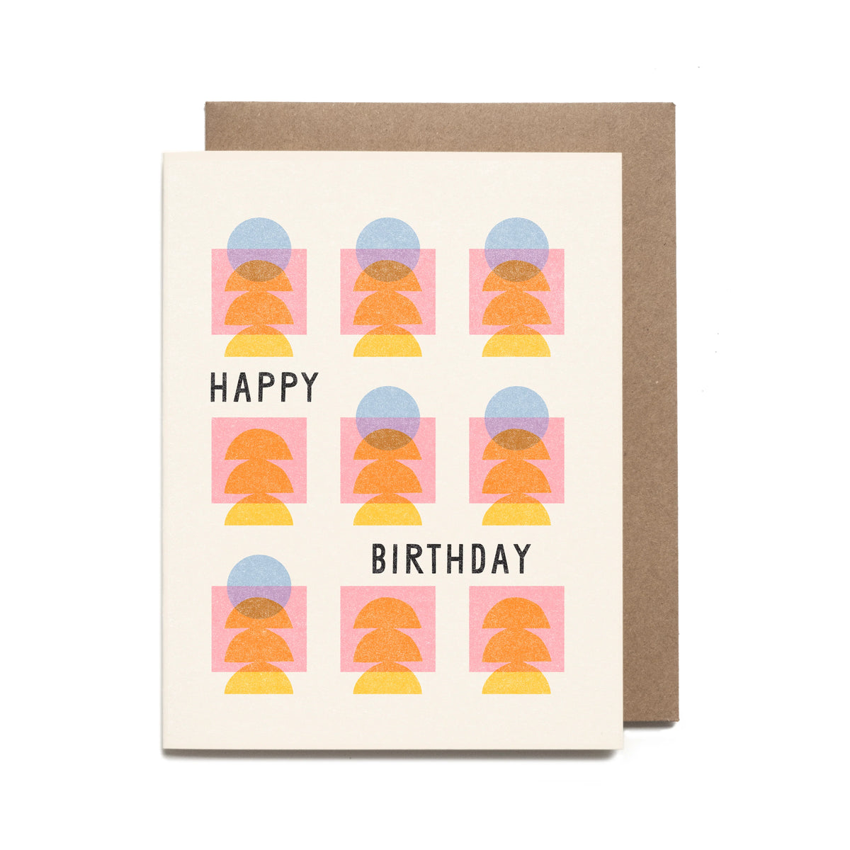 Birthday card with geometric design and 'Happy Birthday' text, featuring a brown envelope.