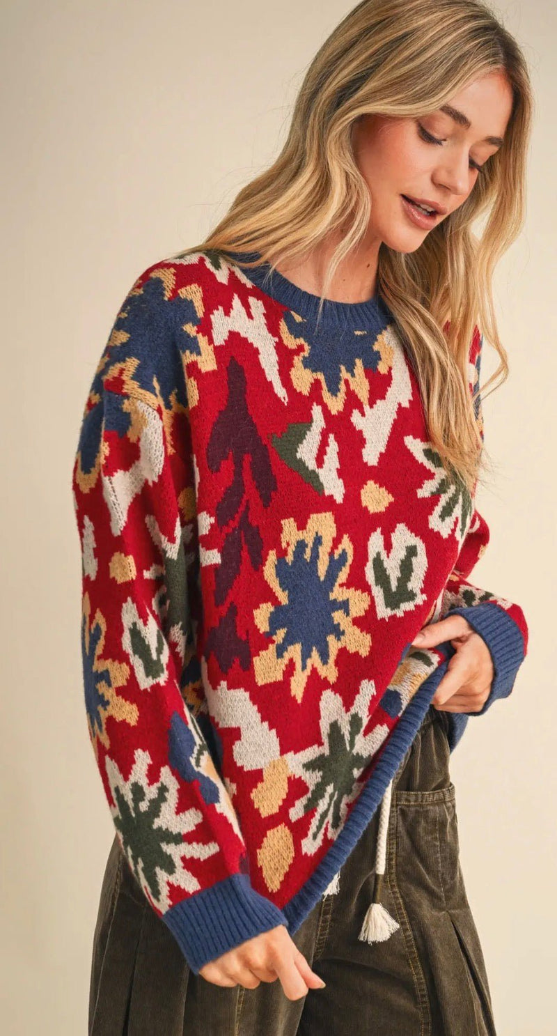 Abstract Floral Knit Sweater - Flea Boutiques