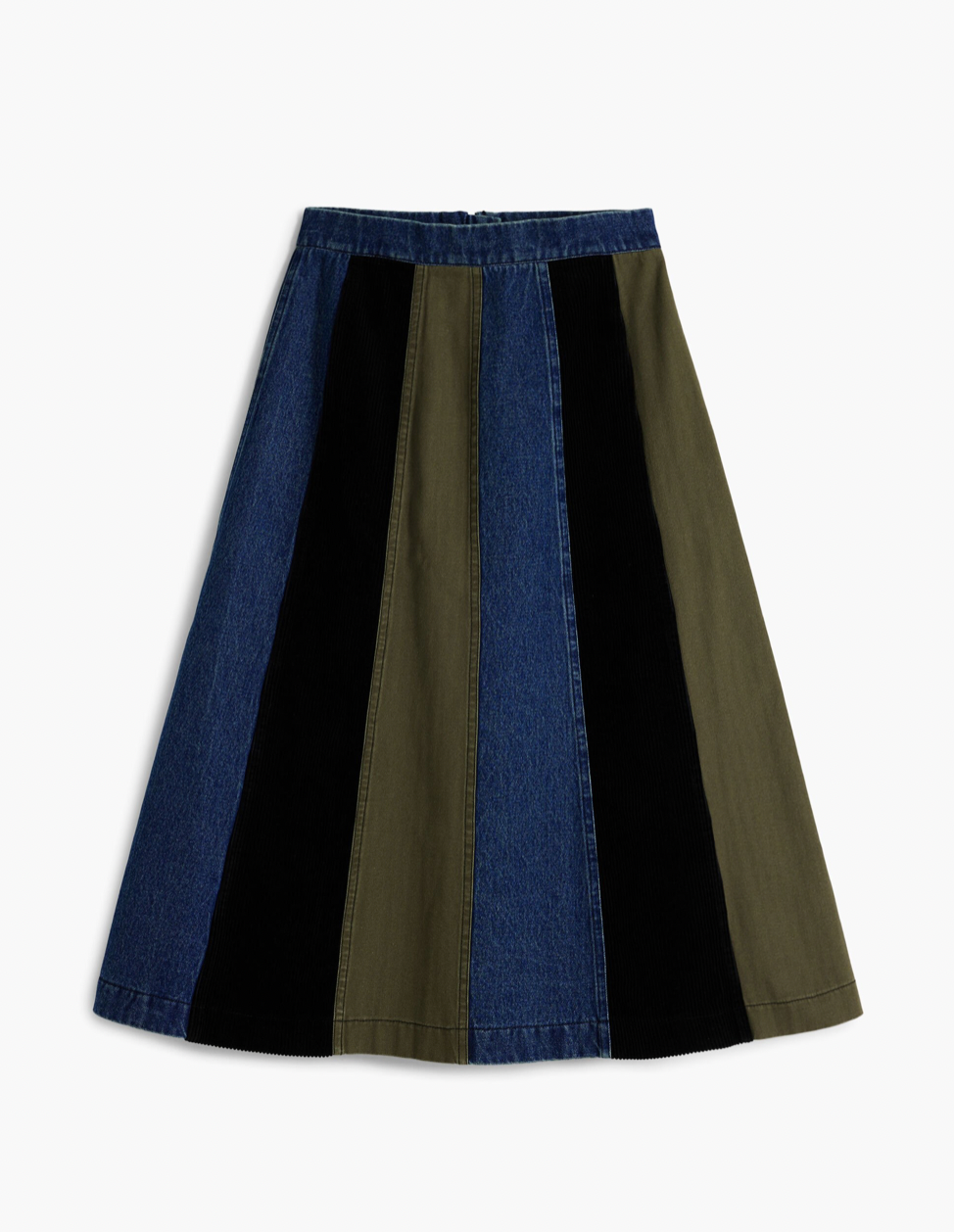 Color-blocked skirt with blue, black, and green sections on a white background