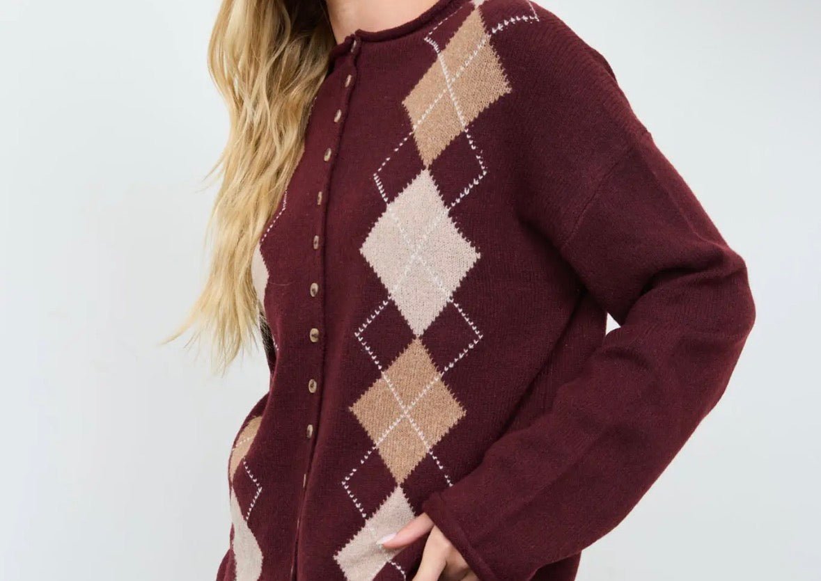 Argyle Mock Neck Button Down Cardi - Flea Boutiques