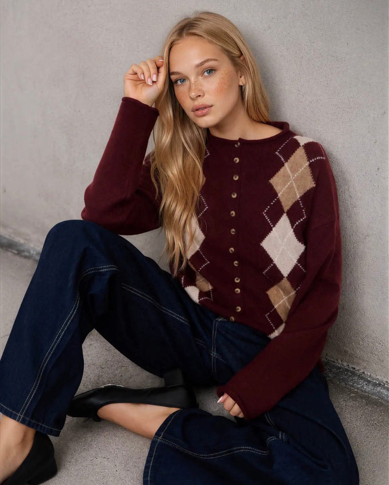 Argyle Mock Neck Button Down Cardi - Flea Boutiques