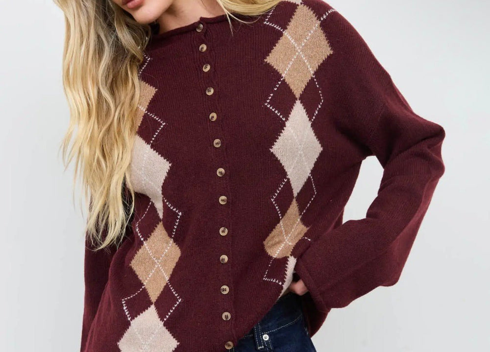 Argyle Mock Neck Button Down Cardi