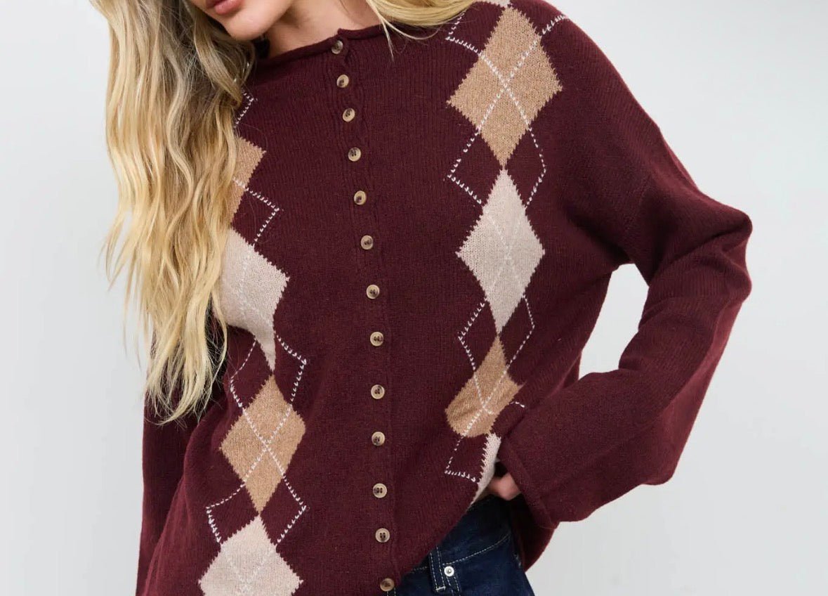 Argyle Mock Neck Button Down Cardi - Flea Boutiques