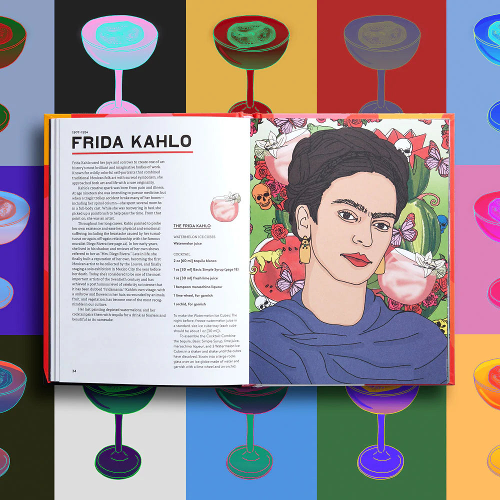 Book open to a page about Frida Kahlo with colorful abstract design on the cover