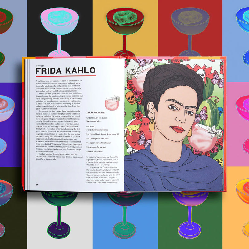 Book open to a page about Frida Kahlo with colorful abstract design on the cover