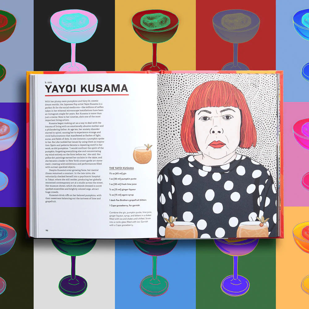 Open book with Yayoi Kusama illustration and text on a colorful abstract background