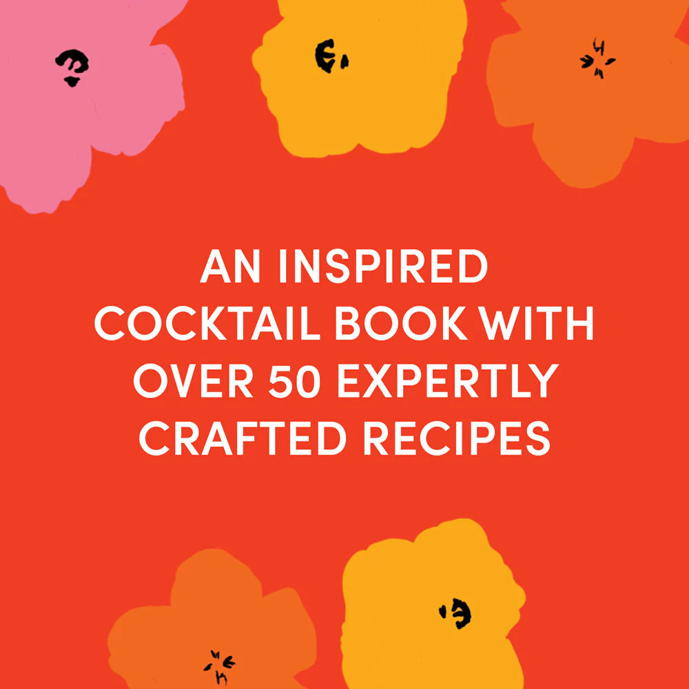 Book cover with floral designs and text about a cocktail book with recipes on an orange background