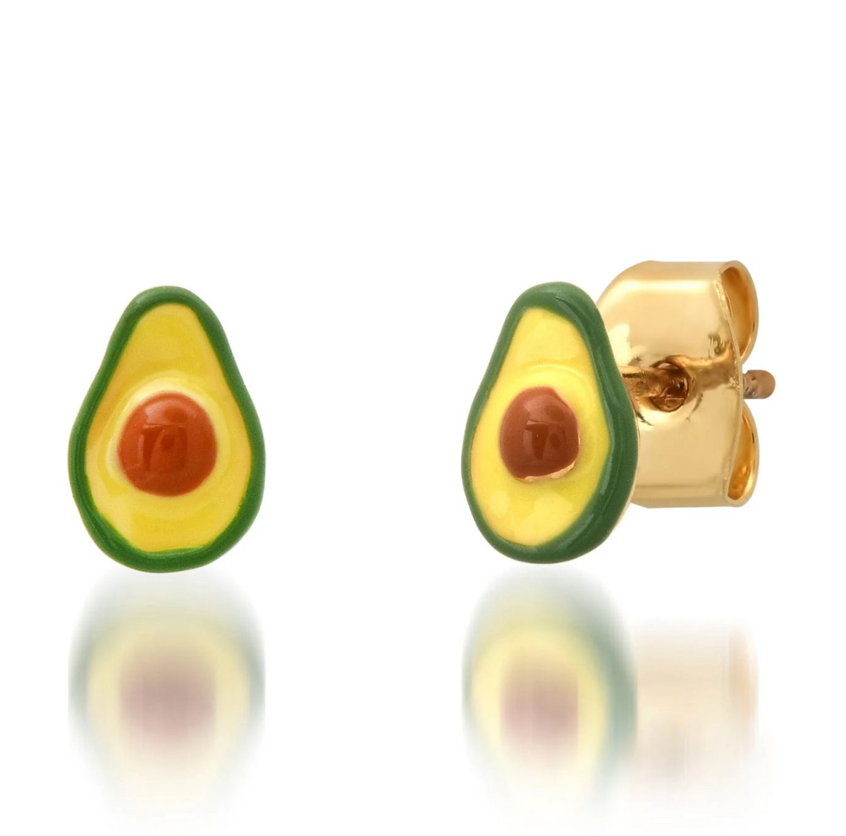 Avocado-shaped earrings with gold posts on a white background