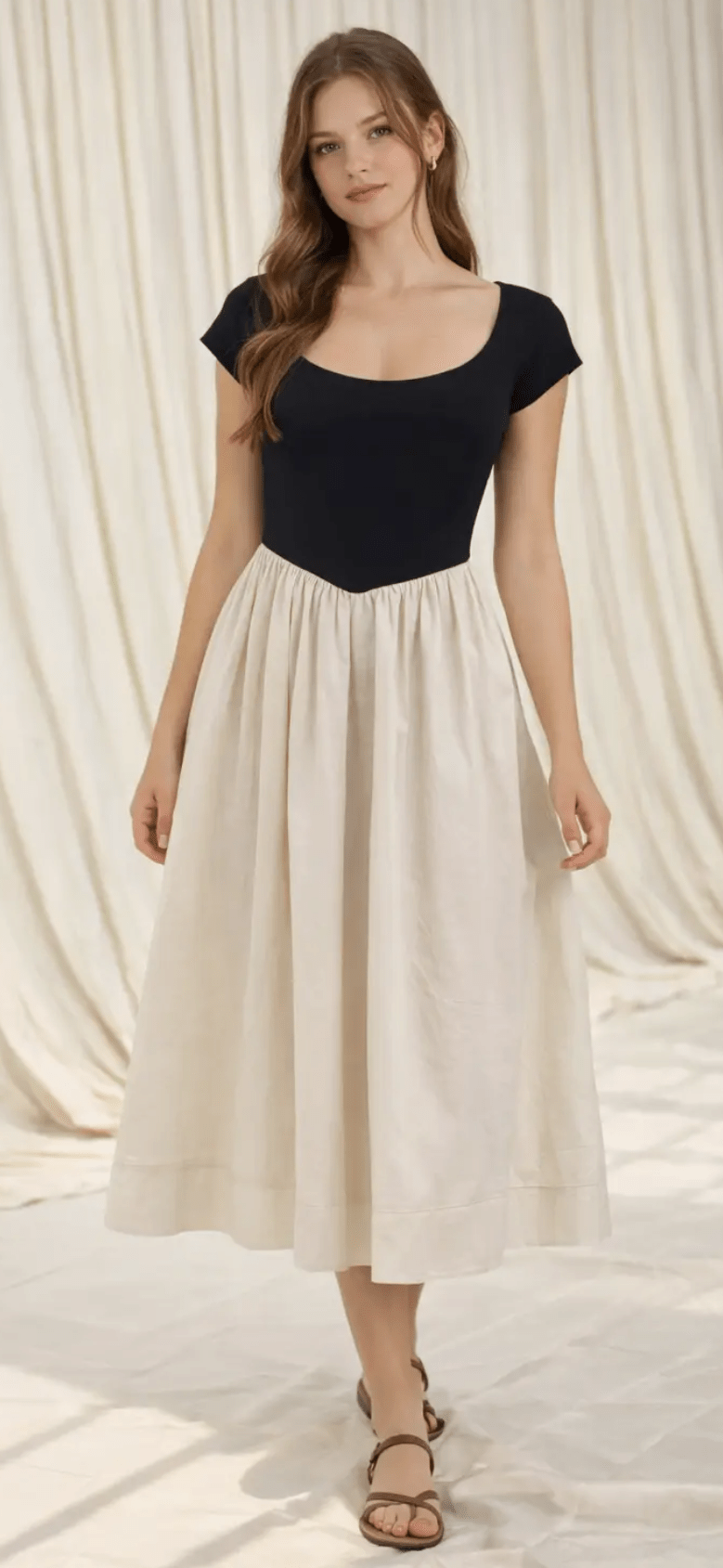 Basque Waist Short Sleeve Midi Dress Black/Cream / LG