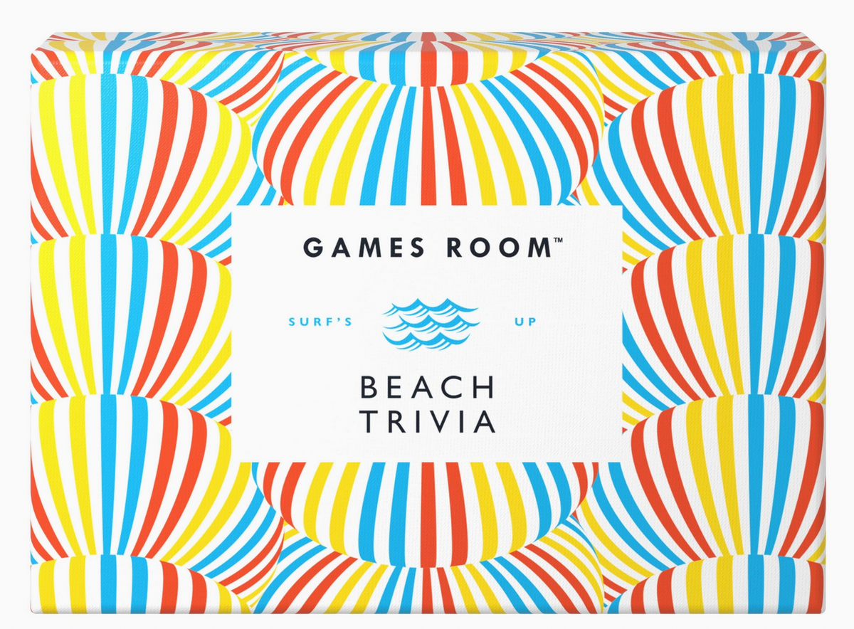 Colorful striped box with 'Games Room' and 'Beach Trivia' text on a white background