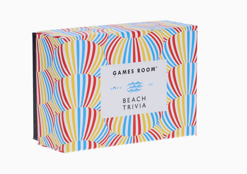 Colorful striped box labeled 'Games Room Beach Trivia' on a white background