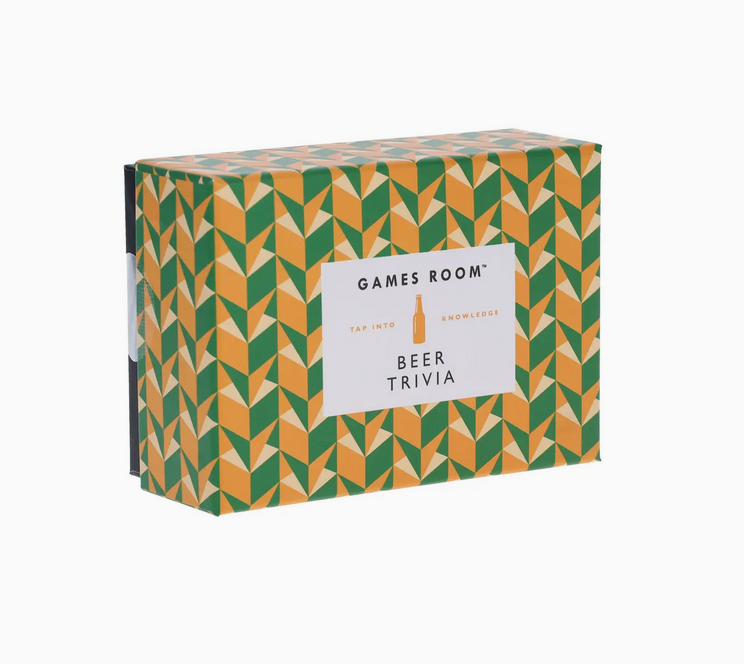 Box with geometric pattern and 'Games Room Beer Trivia' text on a white background