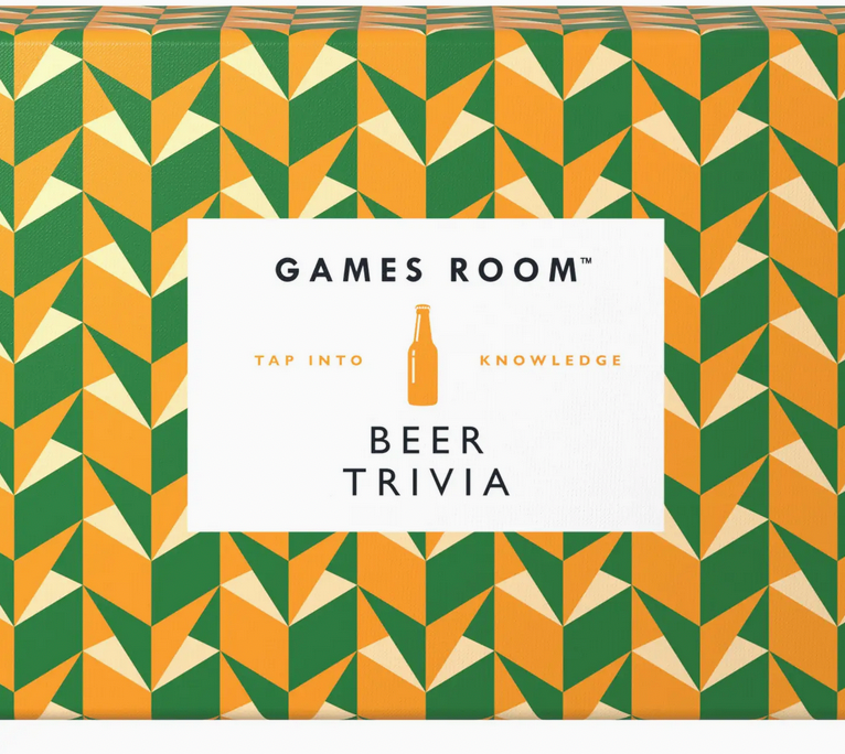 Beer trivia game box with geometric pattern and 'Games Room' branding