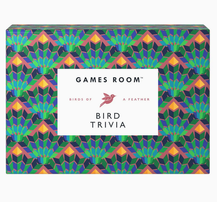 Bird trivia game box with geometric pattern and 'Games Room' branding