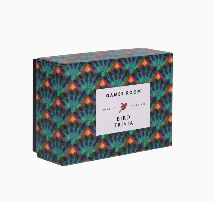 Box with geometric pattern and 'Bird Trivia' label on a white background