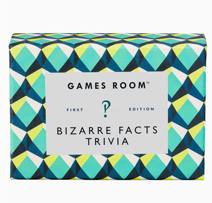 Geometric patterned box of Games Room Bizarre Facts Trivia on a white background