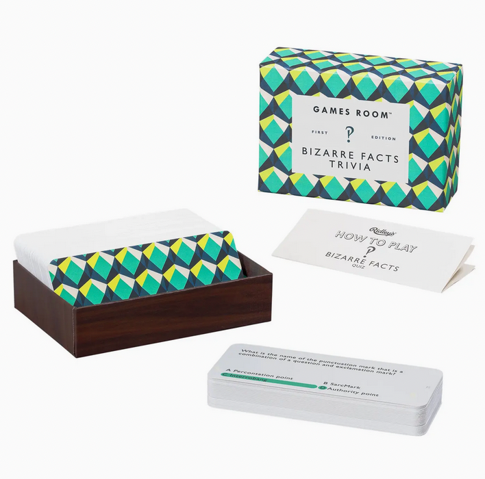 Bizarre Facts trivia game set with box, cards, and instructions on a white background