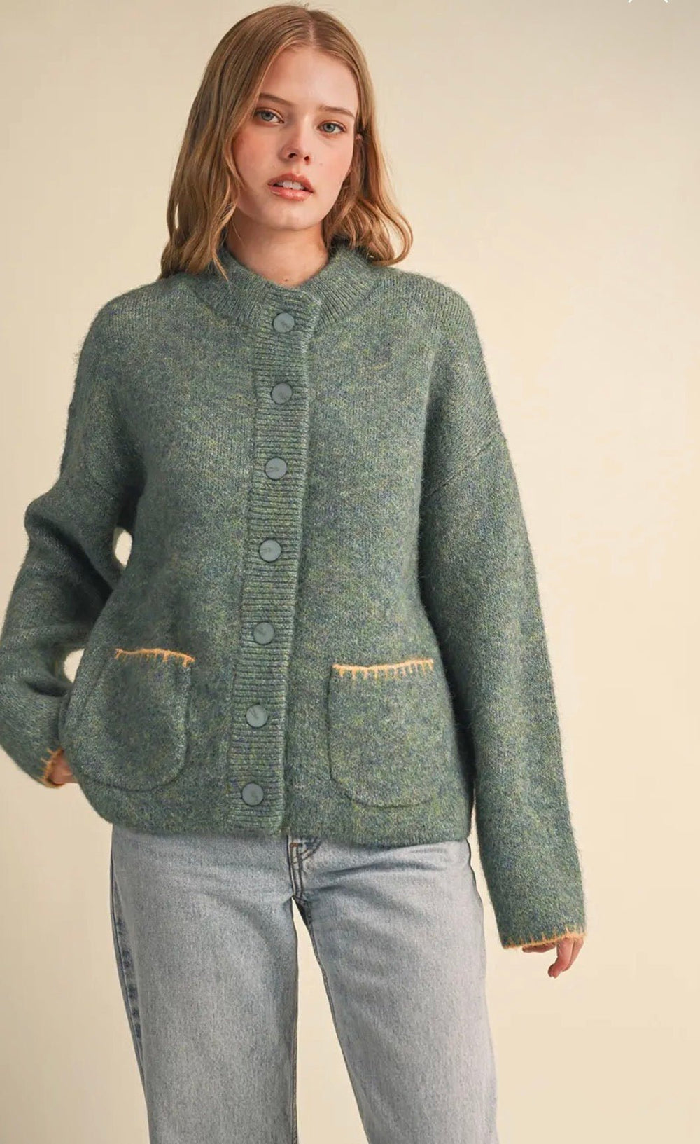 Blanket Stitch Button Down Sweater